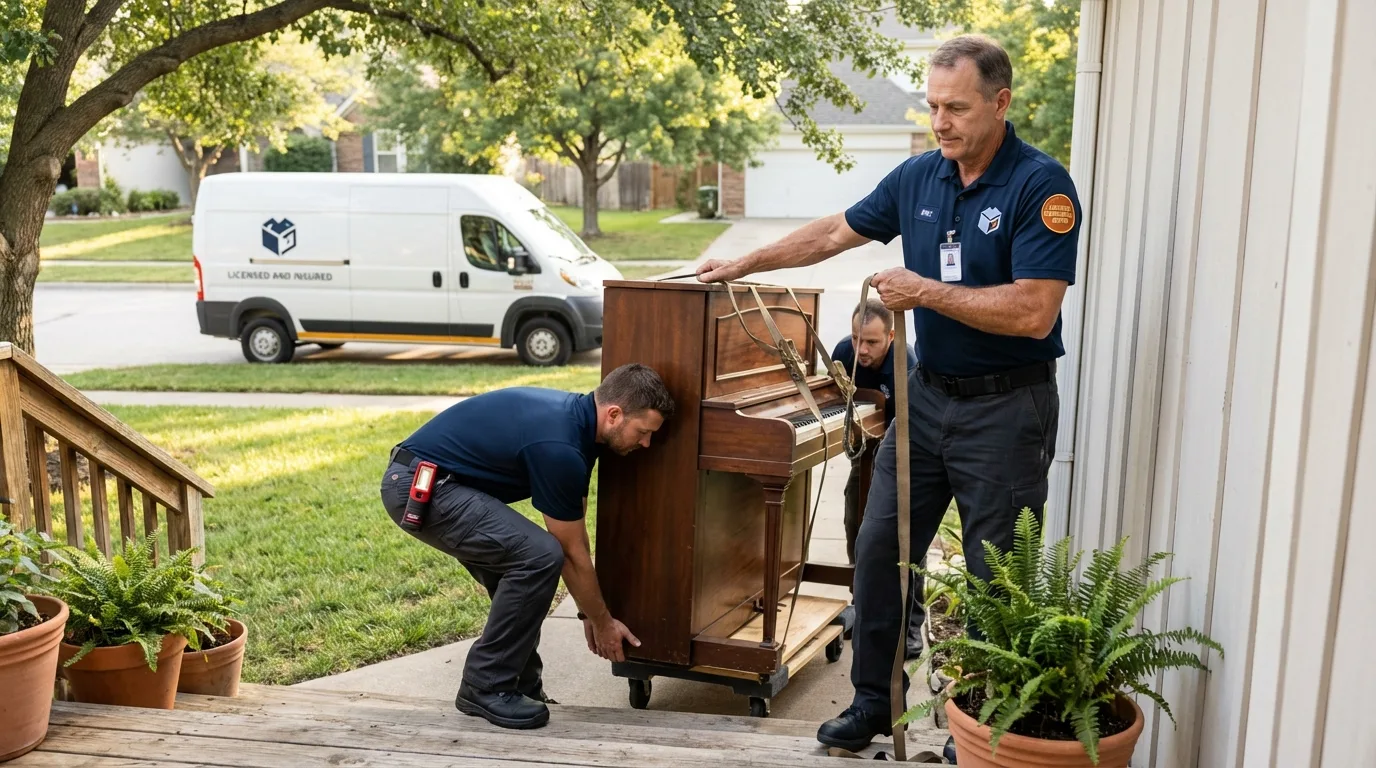 Licensed piano movers securing grand piano in Southlake, TX
