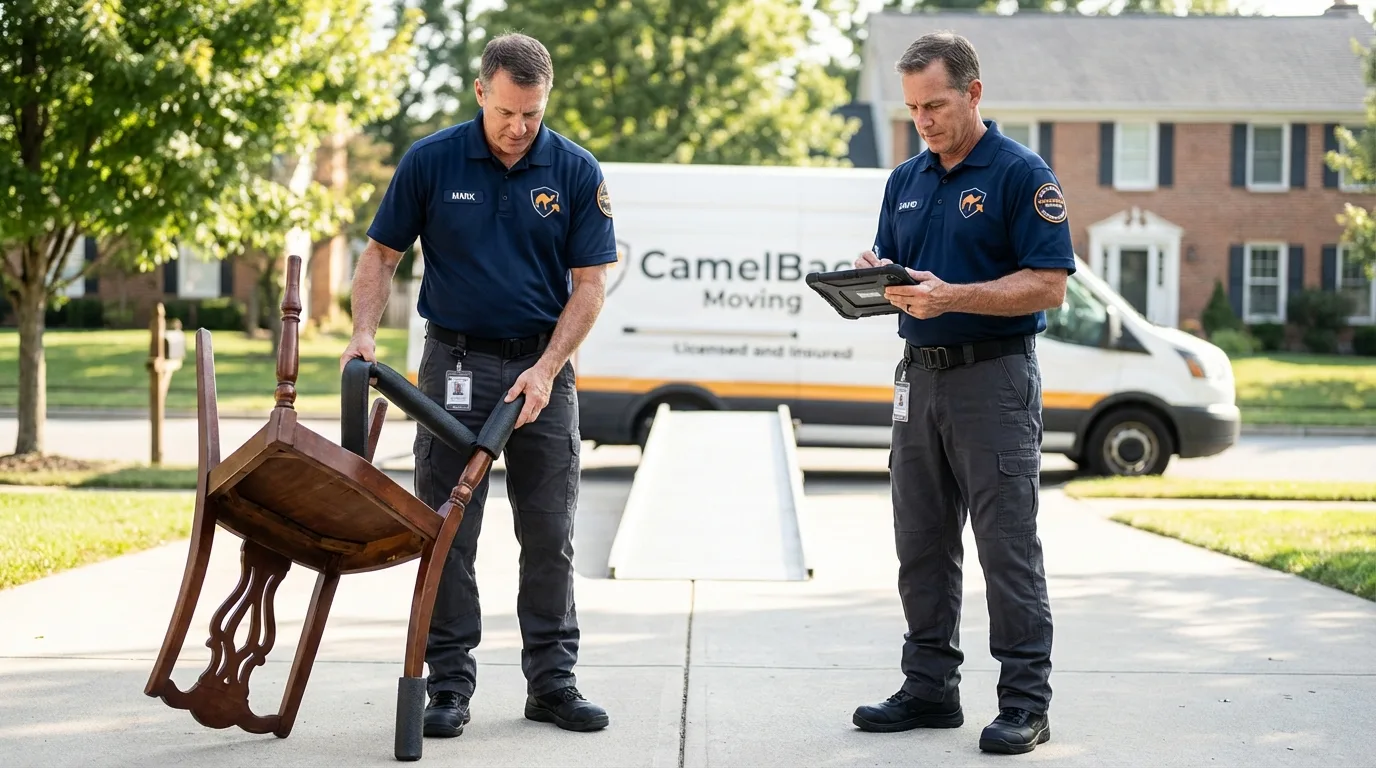 Movers inspecting furniture for damage prevention before loading in Southlake, TX