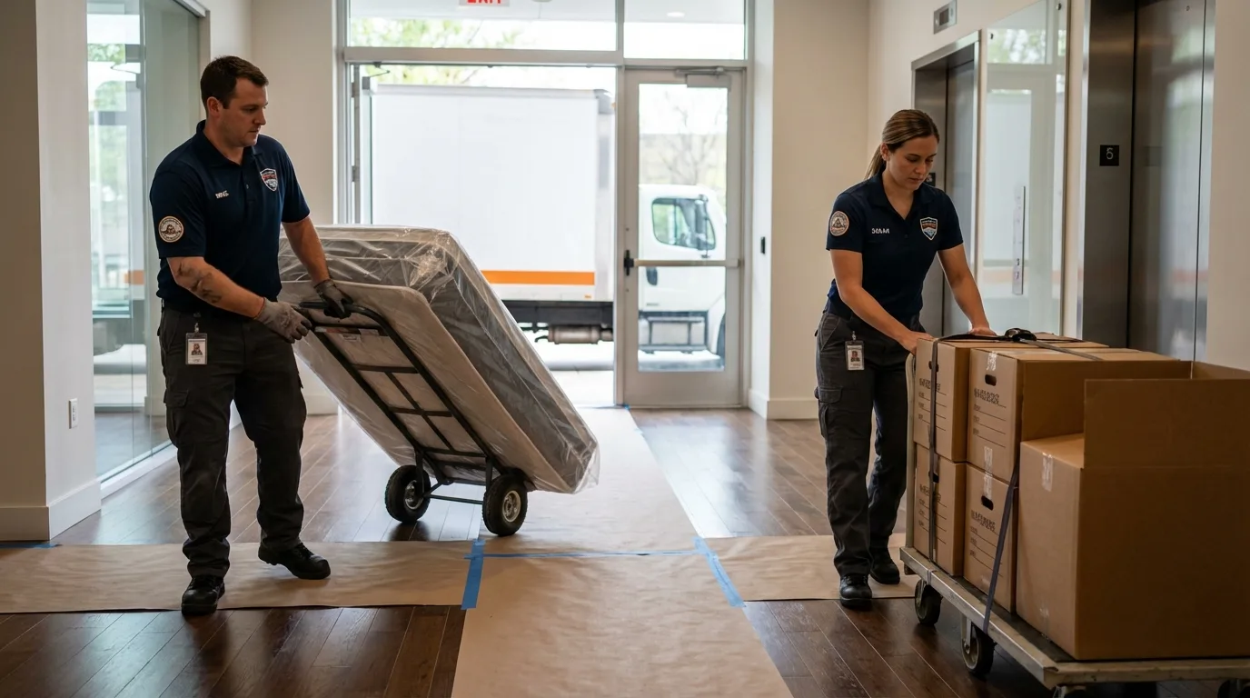 Professional apartment movers loading elevator in Southlake, TX