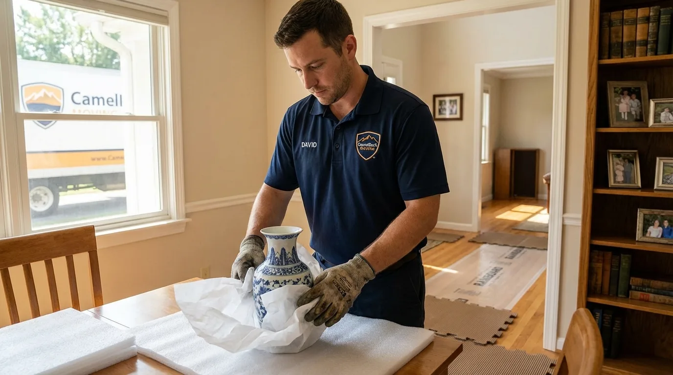 Professional crew carefully wrapping antique vase for senior downsizing move in Southlake, TX