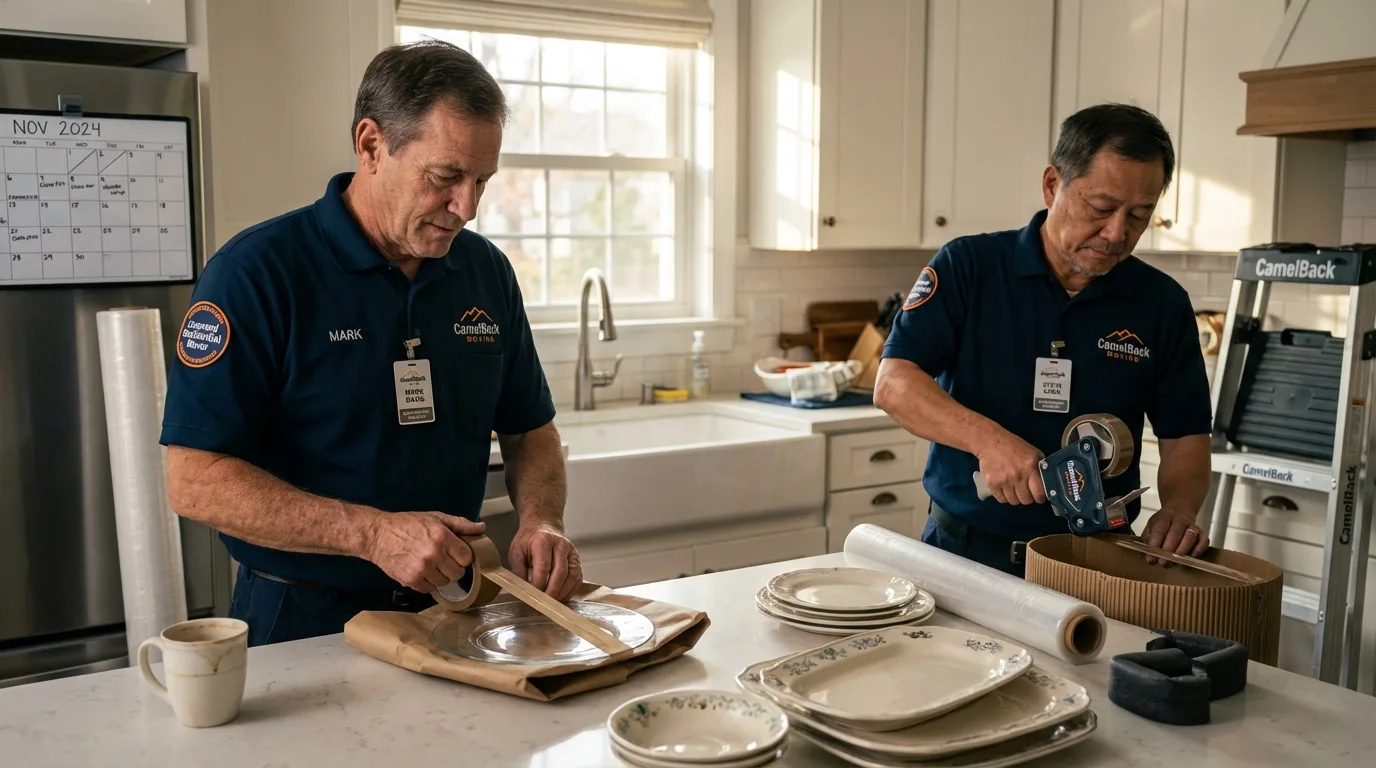 Professional crew packing kitchen dishware in Southlake, TX